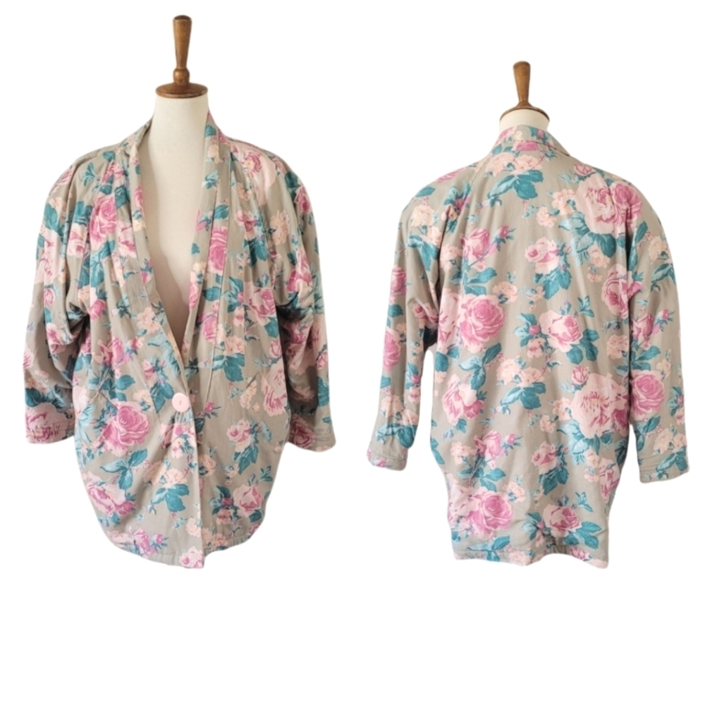 80's Pink Rose and Teal Mid Length Cocoon Jacket‎